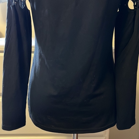 Black 3/4 length sleeve shirt with cut outs at the shoulders with crystals - Picture 7 of 10